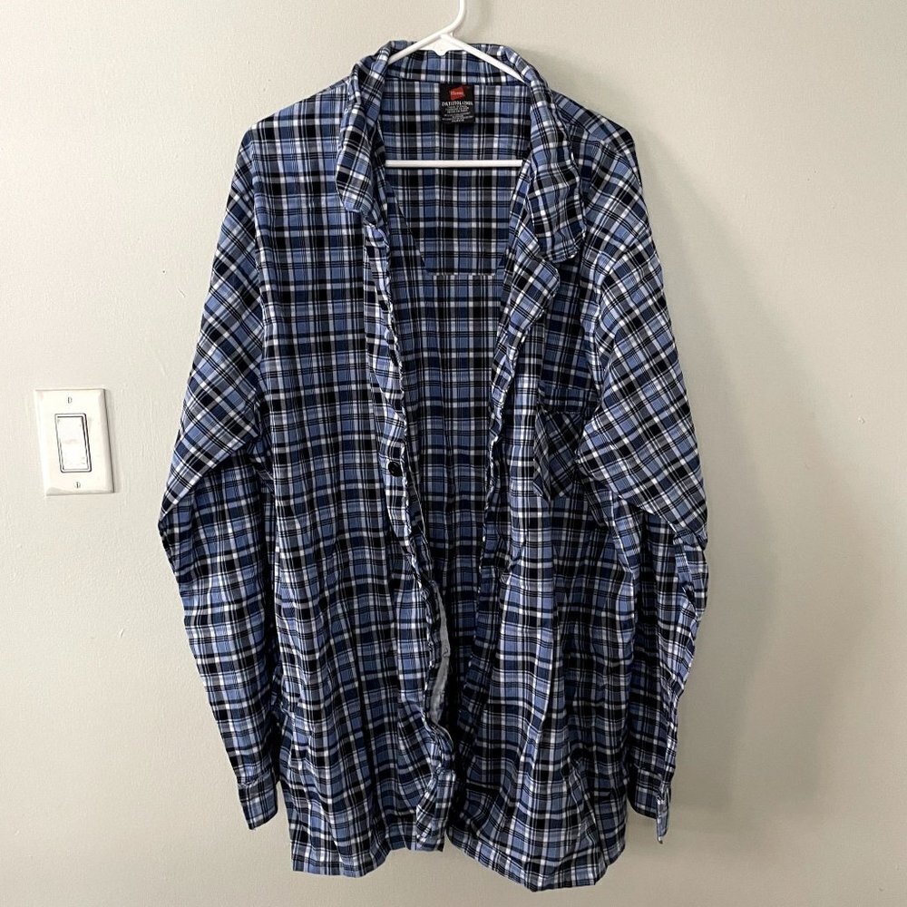 Hanes blue black white checkered full button down collared long sleeved shirt
